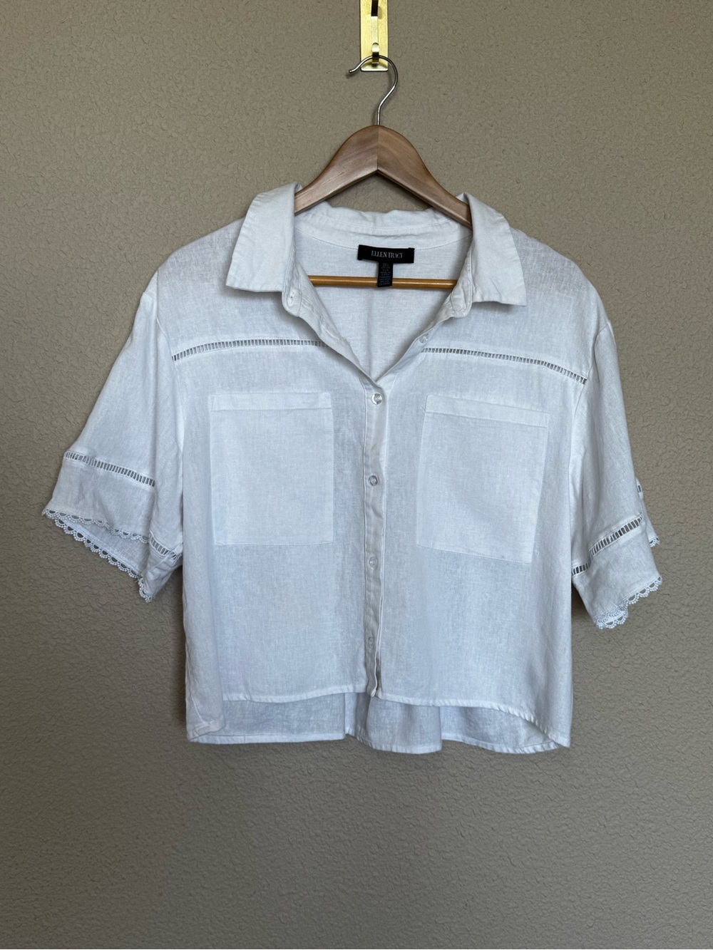 Ellen Tracy White Linen Button-Front Short Sleeve Shirt - Size Large